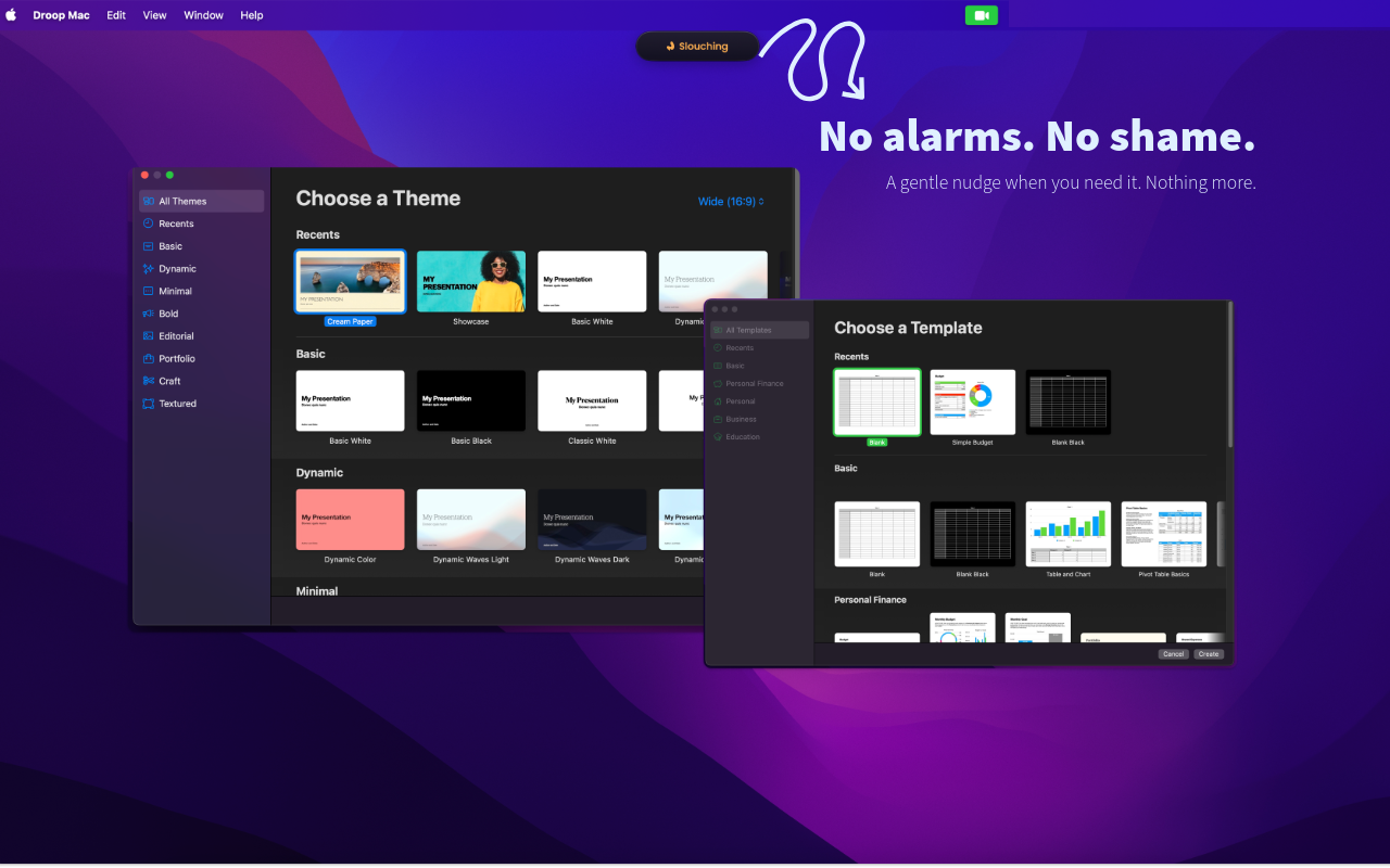 Droop for Mac gentle slouching notification appearing over another app