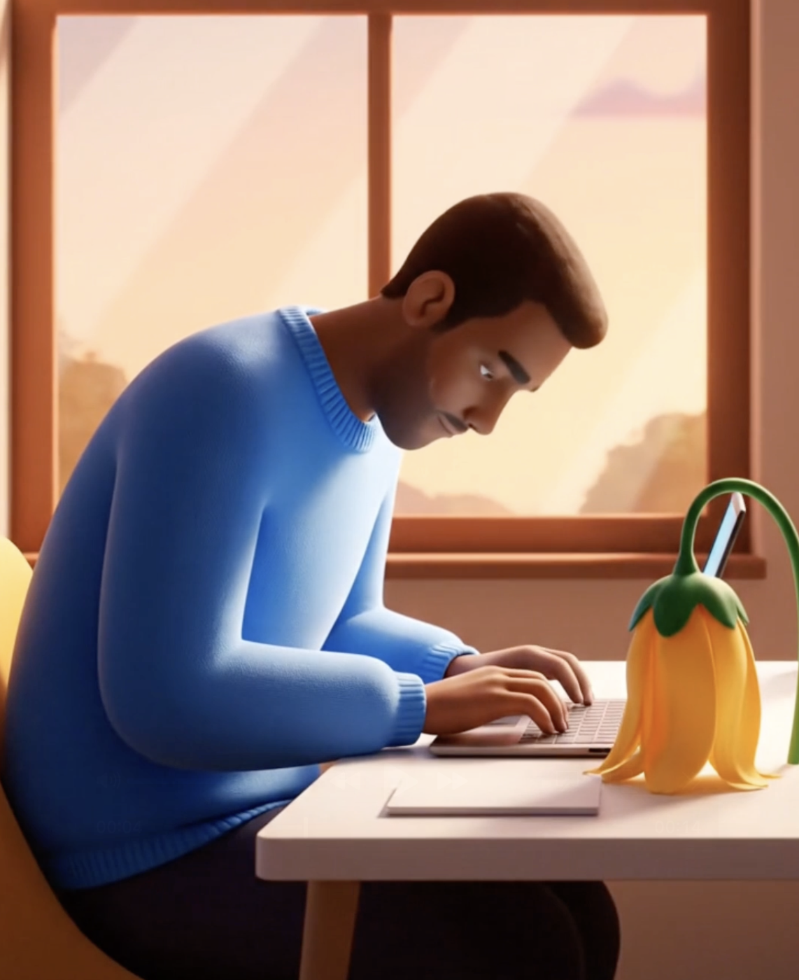 Person sitting in a slumped, collapsed posture at a desk